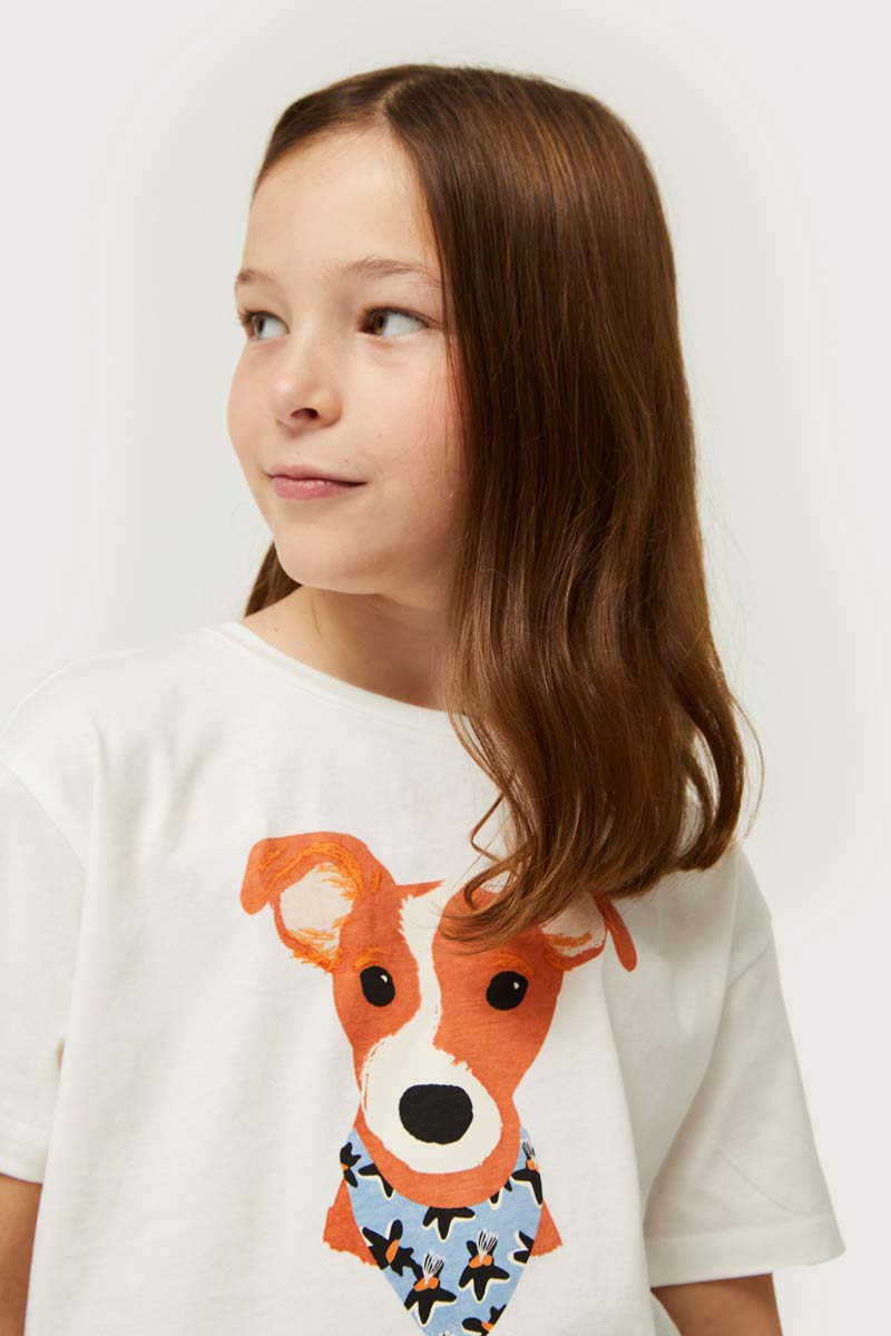 Camiseta De NiÑa Con Print De Perro Estampado Floral Calatea AzulcompaÑia Fant.