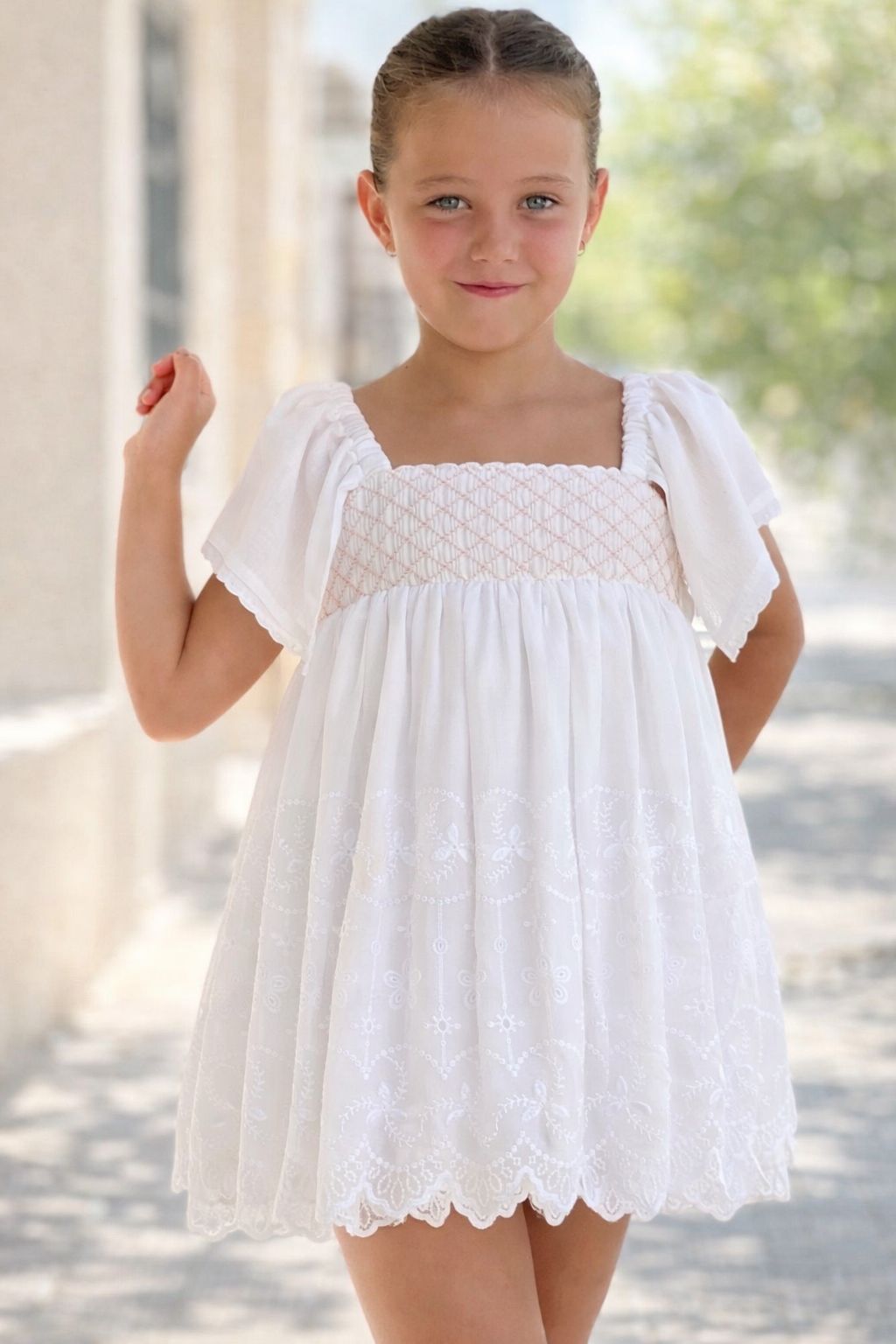 Vestido Ceremonia Nido Abeja Rosa Copo